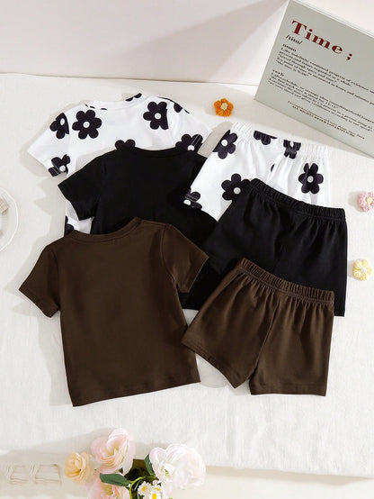 6pcs/Set Baby Girls Newborn Toddler 0-3 Years Spring Summer New Cute Bunny Solid & Striped T-Shirt Shorts Outfit Set