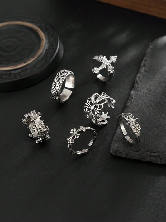 6pcs/Set Fashion Street Punk Style Cross Flower Ring Set, Suitable For Daily Wear And Holiday Decoration