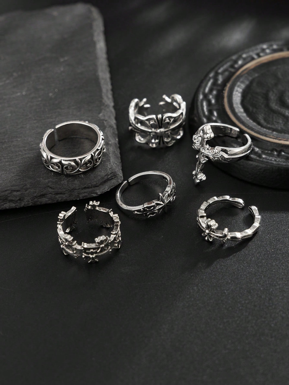 6pcs/Set Fashion Street Punk Style Cross Flower Ring Set, Suitable For Daily Wear And Holiday Decoration