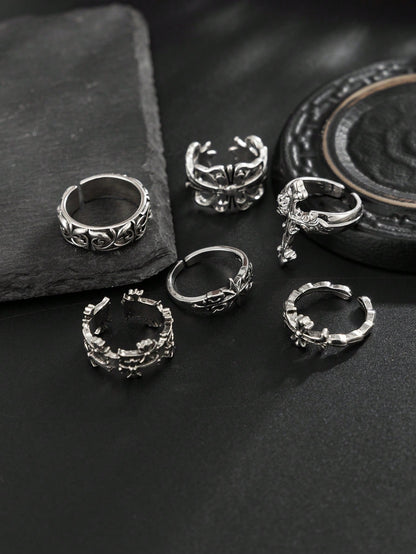 6pcs/Set Fashion Street Punk Style Cross Flower Ring Set, Suitable For Daily Wear And Holiday Decoration