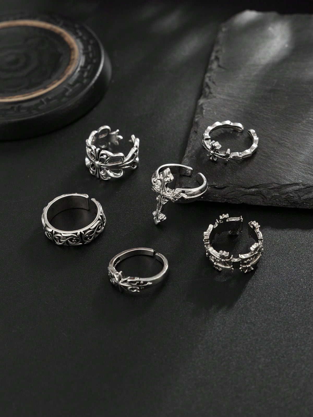 6pcs/Set Fashion Street Punk Style Cross Flower Ring Set, Suitable For Daily Wear And Holiday Decoration