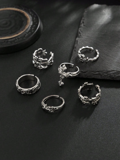6pcs/Set Fashion Street Punk Style Cross Flower Ring Set, Suitable For Daily Wear And Holiday Decoration
