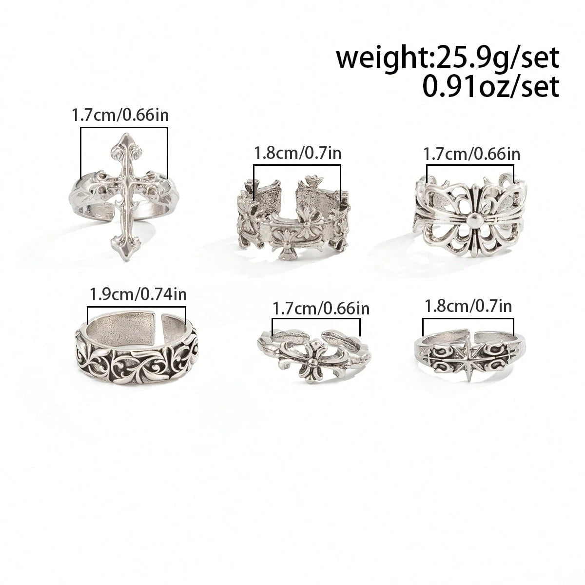 6pcs/Set Fashion Street Punk Style Cross Flower Ring Set, Suitable For Daily Wear And Holiday Decoration