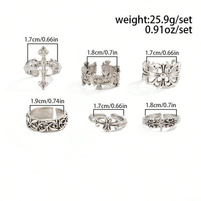 6pcs/Set Fashion Street Punk Style Cross Flower Ring Set, Suitable For Daily Wear And Holiday Decoration