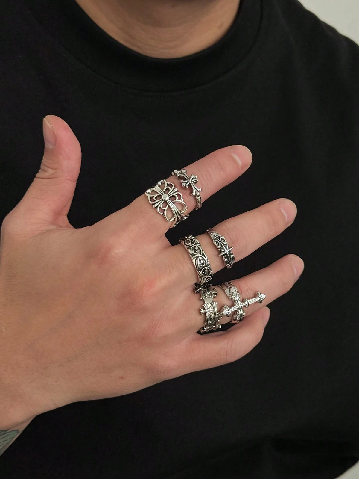 6pcs/Set Fashion Street Punk Style Cross Flower Ring Set, Suitable For Daily Wear And Holiday Decoration