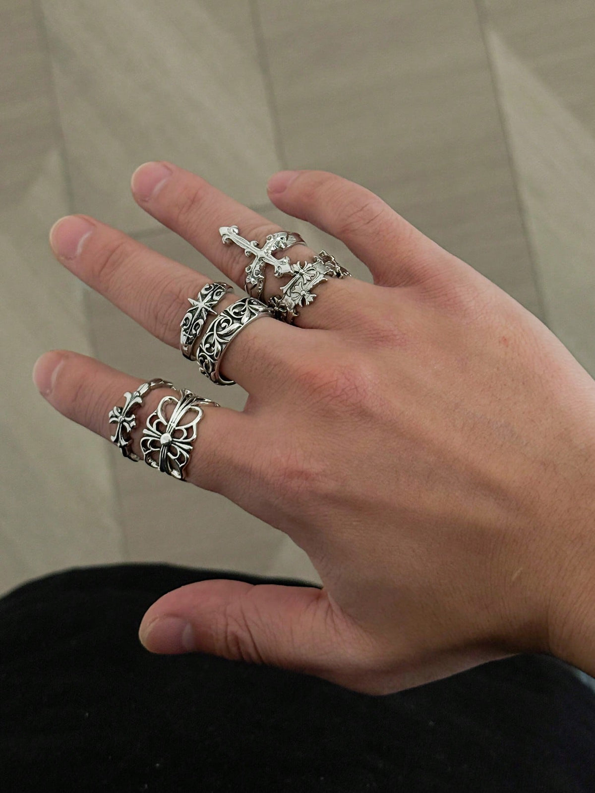 6pcs/Set Fashion Street Punk Style Cross Flower Ring Set, Suitable For Daily Wear And Holiday Decoration