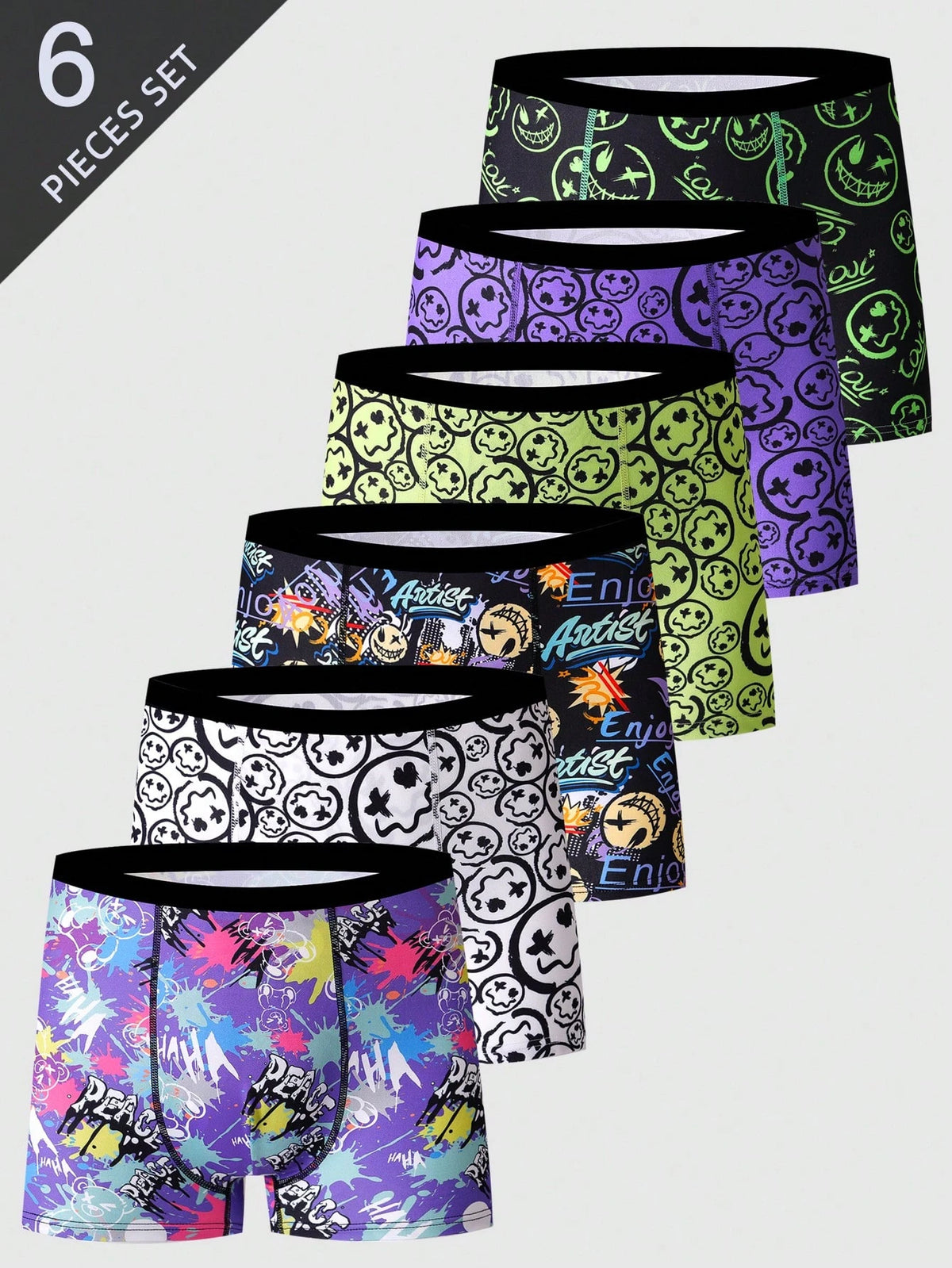 6pcs/Set Teenage Boy Stylish Smiling Face Print Elastic Waist Band Boxers, Casual Sports Underwear For College & High School Students