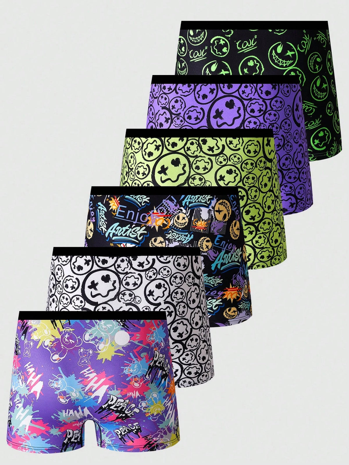 6pcs/Set Teenage Boy Stylish Smiling Face Print Elastic Waist Band Boxers, Casual Sports Underwear For College & High School Students