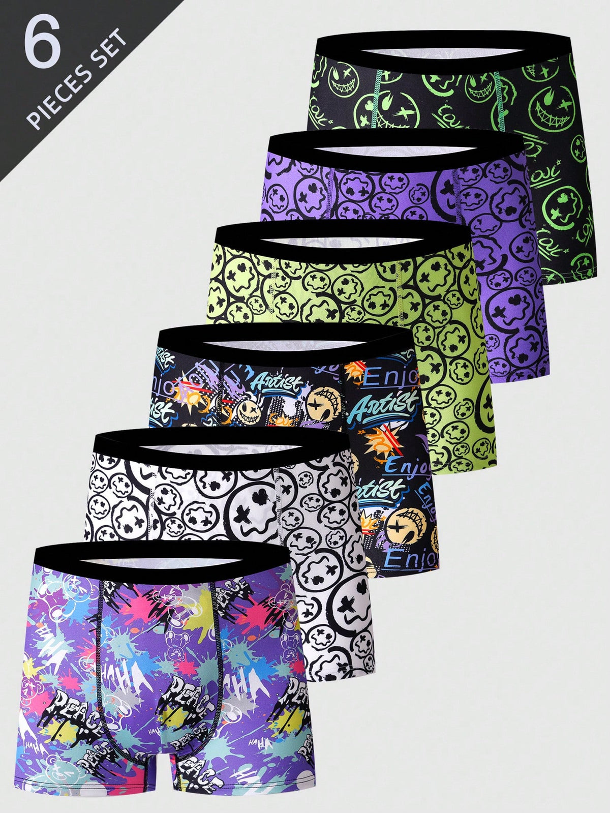 6pcs/Set Teenage Boy Stylish Smiling Face Print Elastic Waist Band Boxers, Casual Sports Underwear For College & High School Students