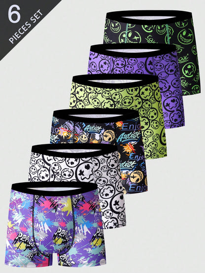 6pcs/Set Teenage Boy Stylish Smiling Face Print Elastic Waist Band Boxers, Casual Sports Underwear For College & High School Students