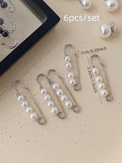 6pcs/Set Zinc Alloy Pin, Modern Faux Pearl Decor Anti Slip Pin For Clothes