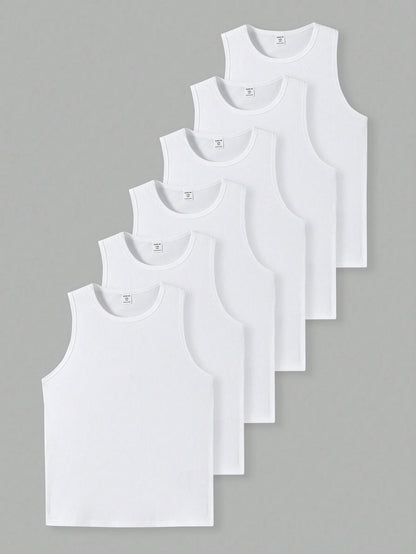 6pcs Tween Boys' Casual Solid Color Fitted Undershirt, White Sleeveless Vest, Suitable For Summer And Spring