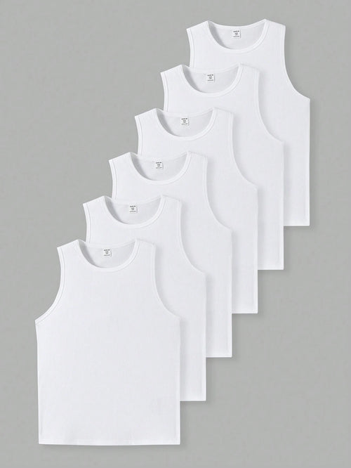 6pcs Tween Boys' Casual Solid Color Fitted Undershirt, White Sleeveless Vest, Suitable For Summer And Spring