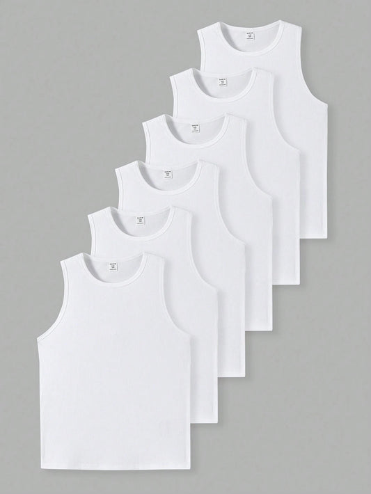 6pcs Tween Boys' Casual Solid Color Fitted Undershirt, White Sleeveless Vest, Suitable For Summer And Spring