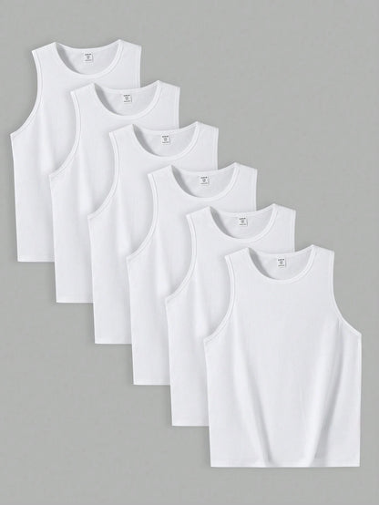 6pcs Tween Boys' Casual Solid Color Fitted Undershirt, White Sleeveless Vest, Suitable For Summer And Spring