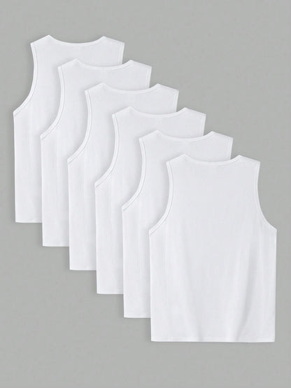 6pcs Tween Boys' Casual Solid Color Fitted Undershirt, White Sleeveless Vest, Suitable For Summer And Spring