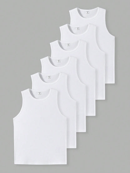 6pcs Tween Boys' Casual Solid Color Fitted Undershirt, White Sleeveless Vest, Suitable For Summer And Spring