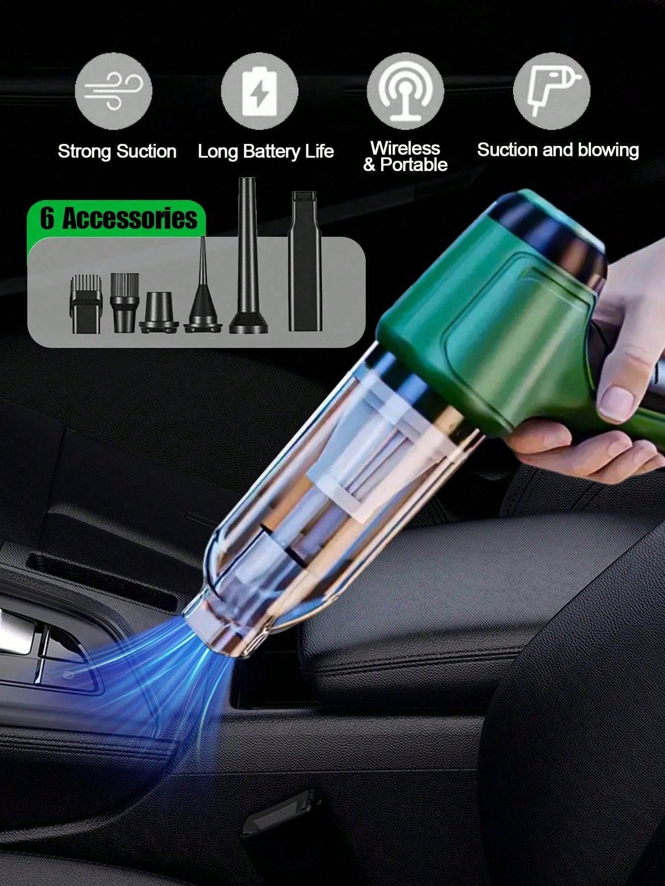 7-In-1 Portable Wireless Vacuum Cleaner, 2400mAh Rechargeable Battery High-Power Mini Vacuum, Compressor Air Blower And Pump Handheld Vacuum With Brushless Motor Suitable For Car, Home, Office, Campin