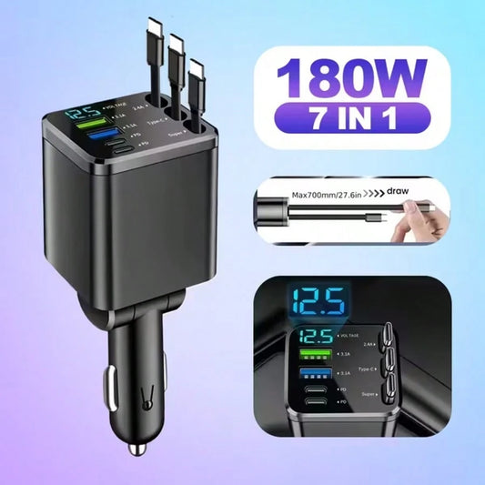 7-In-1 Retractable Car Charger- Features 3Retractable Type-C Cables, Fast Charging Ports,And LED Digital Display; Supports 180° AngleAdjustment| Compact In-Car ChargingSolution With Retractable Cord