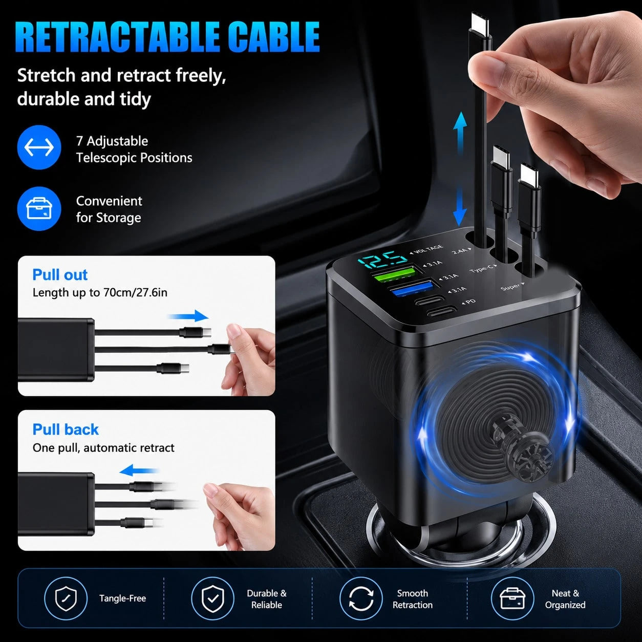 7-In-1 Retractable Car Charger- Features 3Retractable Type-C Cables, Fast Charging Ports,And LED Digital Display; Supports 180° AngleAdjustment| Compact In-Car ChargingSolution With Retractable Cord