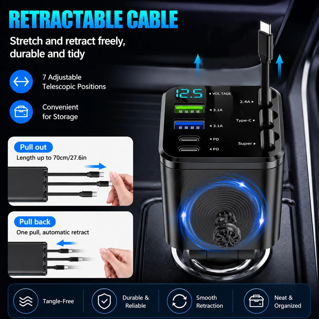 7-In-1 Retractable Car Charger- Features 3Retractable Type-C Cables, Fast Charging Ports,And LED Digital Display; Supports 180° AngleAdjustment| Compact In-Car ChargingSolution With Retractable Cord