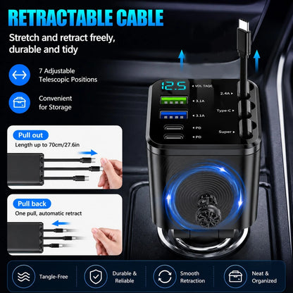 7-In-1 Retractable Car Charger- Features 3Retractable Type-C Cables, Fast Charging Ports,And LED Digital Display; Supports 180° AngleAdjustment| Compact In-Car ChargingSolution With Retractable Cord