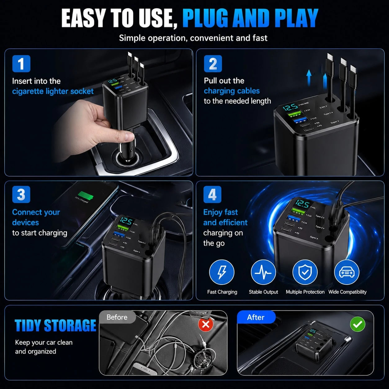 7-In-1 Retractable Car Charger- Features 3Retractable Type-C Cables, Fast Charging Ports,And LED Digital Display; Supports 180° AngleAdjustment| Compact In-Car ChargingSolution With Retractable Cord
