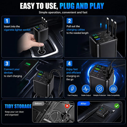 7-In-1 Retractable Car Charger- Features 3Retractable Type-C Cables, Fast Charging Ports,And LED Digital Display; Supports 180° AngleAdjustment| Compact In-Car ChargingSolution With Retractable Cord