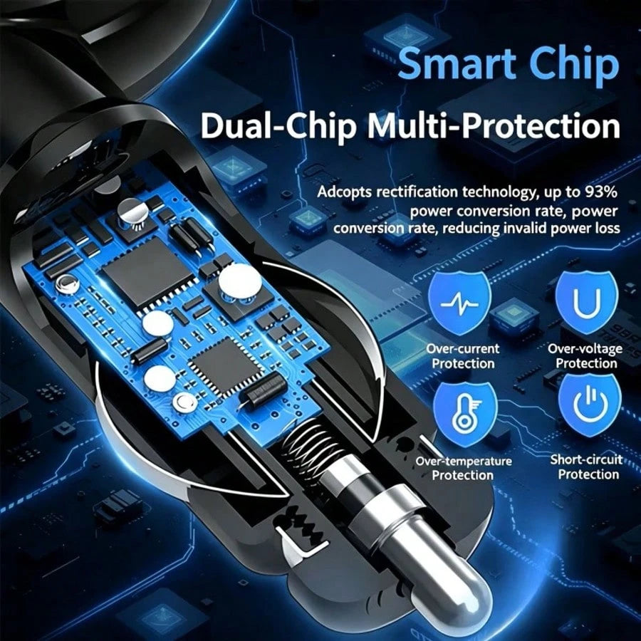 7-In-1 Retractable Car Charger- Features 3Retractable Type-C Cables, Fast Charging Ports,And LED Digital Display; Supports 180° AngleAdjustment| Compact In-Car ChargingSolution With Retractable Cord