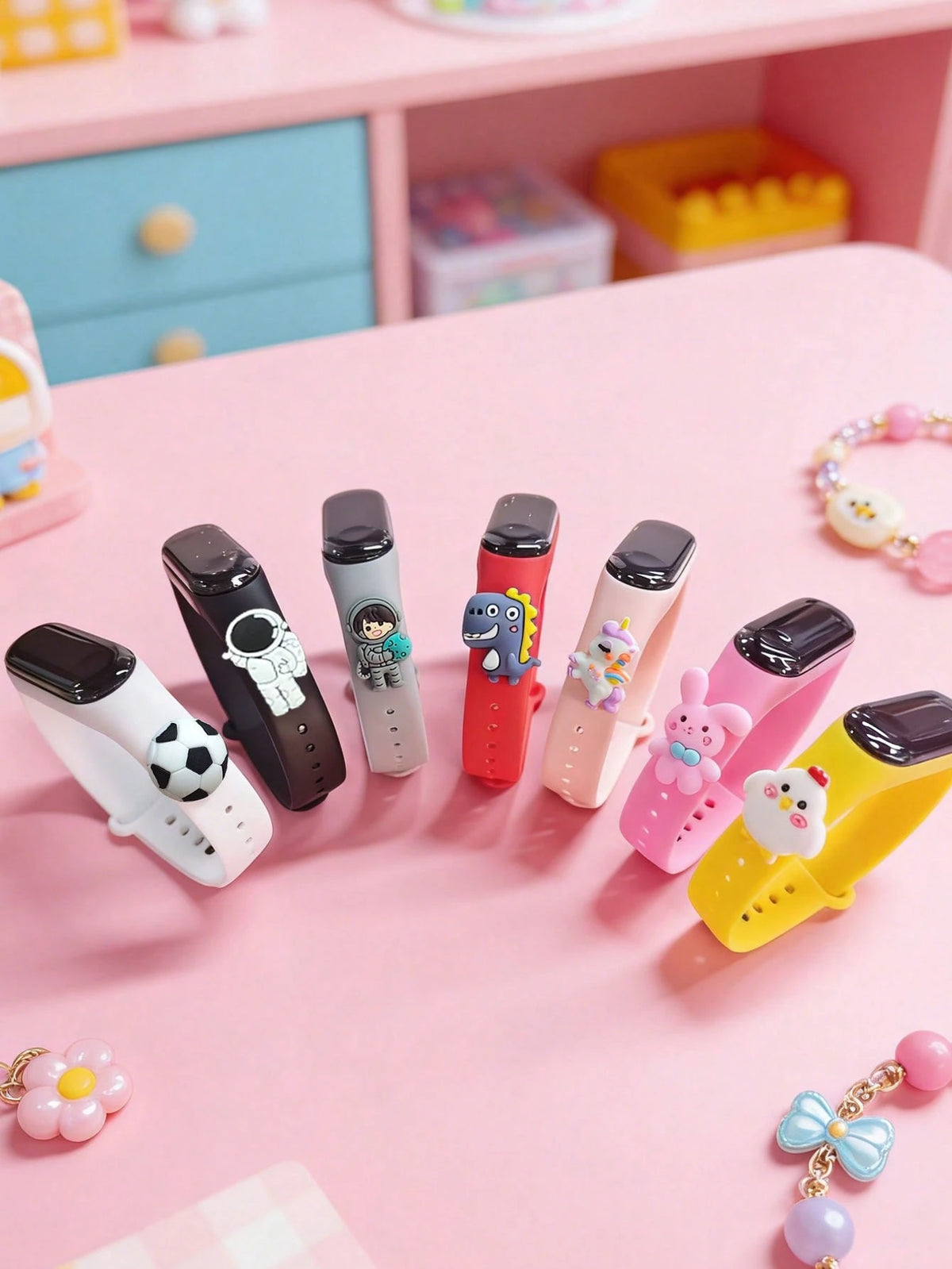 7pcs Kids LED Touch Screen Electronic Watch With Cute 3D Cartoon Pendant, 7 Color Options, Time & Date Display, Suitable For Birthday, Christmas, Holiday Gifts, Daily Wear, School, Sports