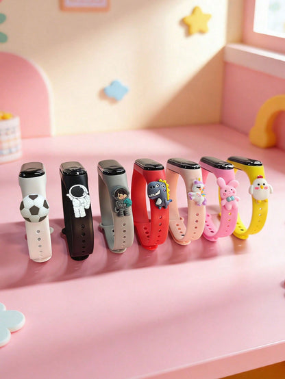 7pcs Kids LED Touch Screen Electronic Watch With Cute 3D Cartoon Pendant, 7 Color Options, Time & Date Display, Suitable For Birthday, Christmas, Holiday Gifts, Daily Wear, School, Sports
