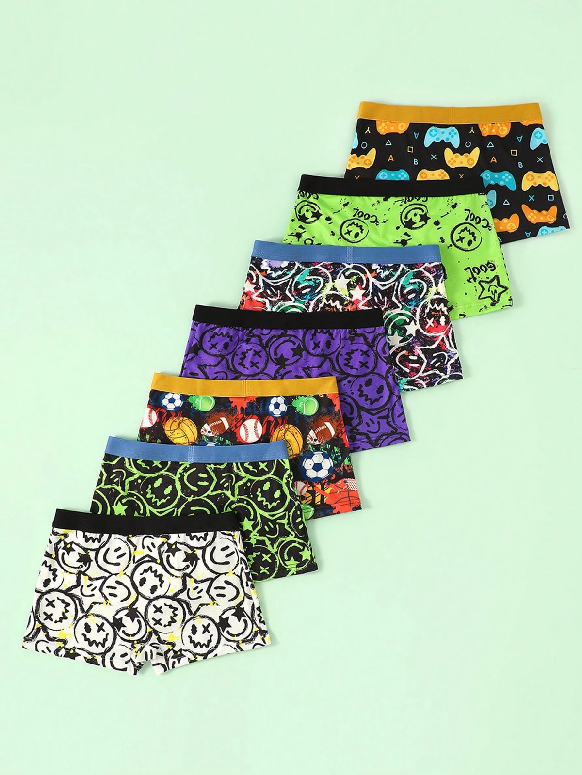 7pcs/Pack Boys' Game Console, Football, Rugby, Smiling Face Pattern Comfortable Growing Boxer Briefs Black Purple Summer Night Athletic