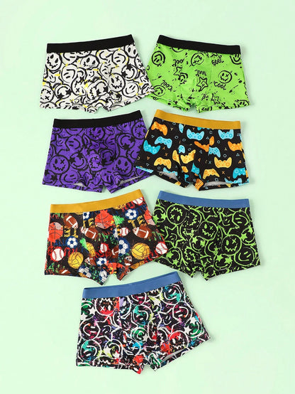 7pcs/Pack Boys' Game Console, Football, Rugby, Smiling Face Pattern Comfortable Growing Boxer Briefs Black Purple Summer Night Athletic