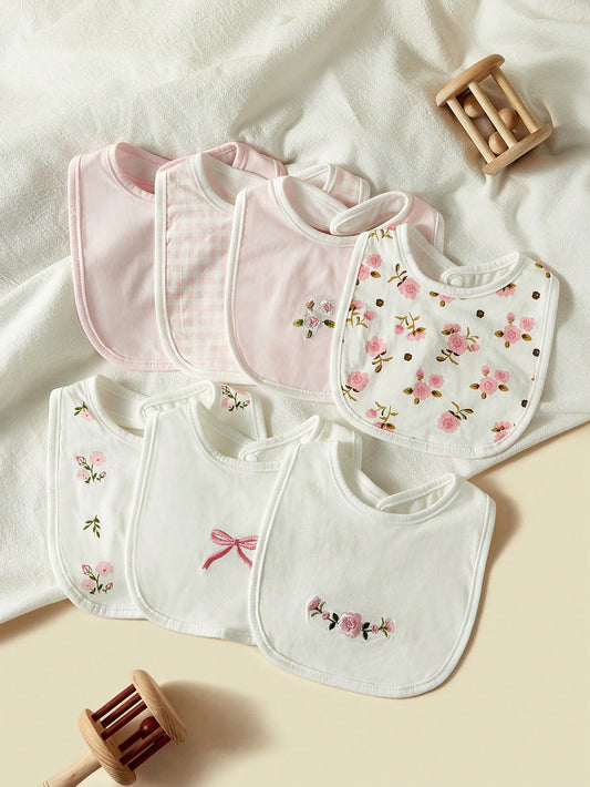 7pcs/Set Baby Bibs, Breathable Absorbent Ditsy Floral & Bow Pattern Burp Cloths For Baby Girls, Spring/Summer