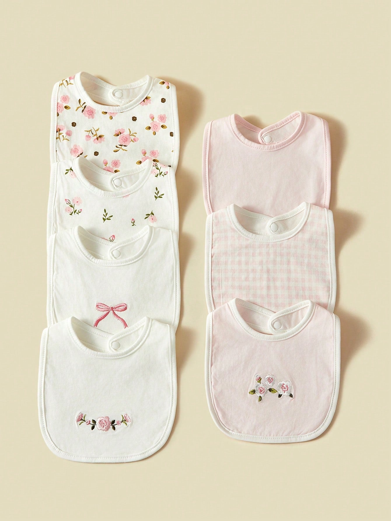 7pcs/Set Baby Bibs, Breathable Absorbent Ditsy Floral & Bow Pattern Burp Cloths For Baby Girls, Spring/Summer
