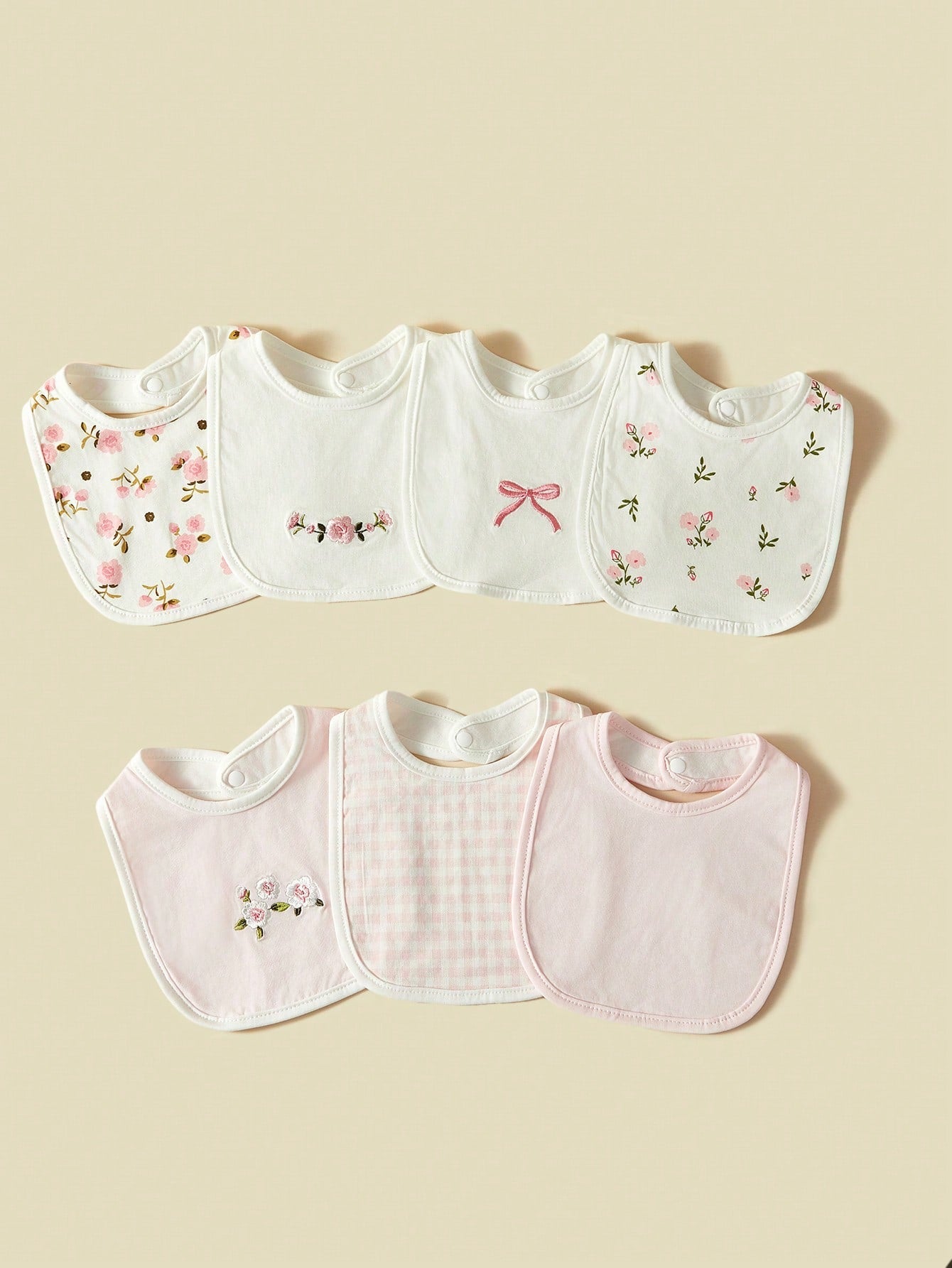 7pcs/Set Baby Bibs, Breathable Absorbent Ditsy Floral & Bow Pattern Burp Cloths For Baby Girls, Spring/Summer