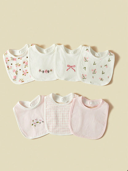 7pcs/Set Baby Bibs, Breathable Absorbent Ditsy Floral & Bow Pattern Burp Cloths For Baby Girls, Spring/Summer