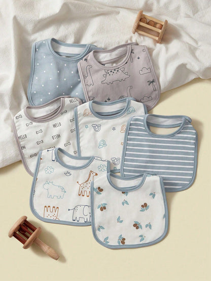 7pcs/Set Baby Bibs, Breathable Absorbent Ditsy Floral & Bow Pattern Burp Cloths For Baby Girls, Spring/Summer