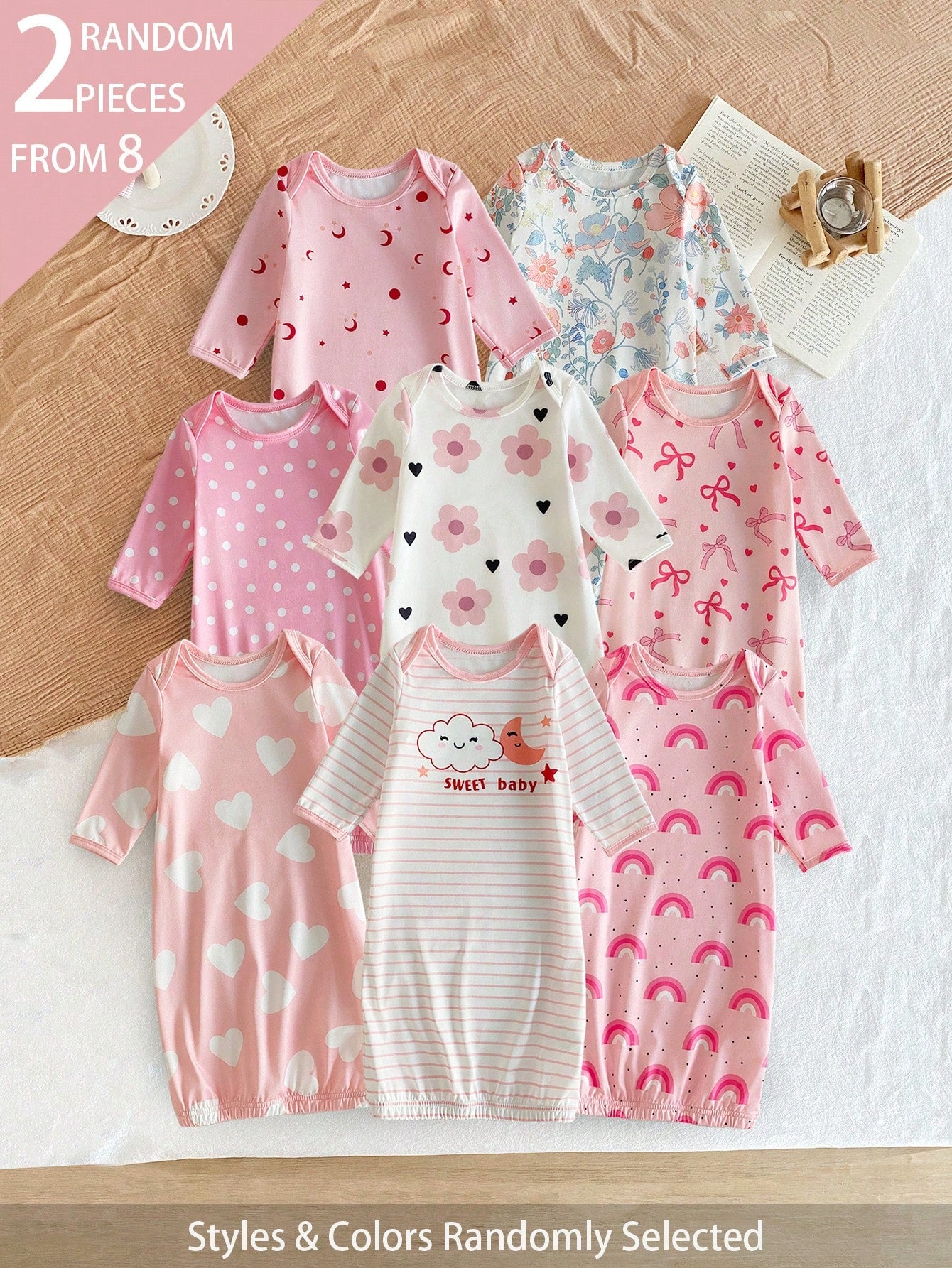 "8 Sets Random,Style 2 Set " Baby Girls Pajamas Crew Neck Long Sleeve NightgownFor Toddler,Breathable Skin-Friendly Home Wear Set