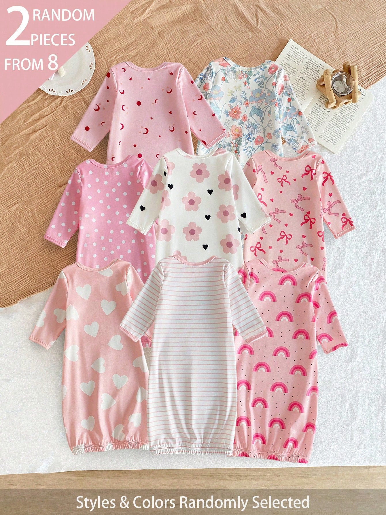 "8 Sets Random,Style 2 Set " Baby Girls Pajamas Crew Neck Long Sleeve NightgownFor Toddler,Breathable Skin-Friendly Home Wear Set