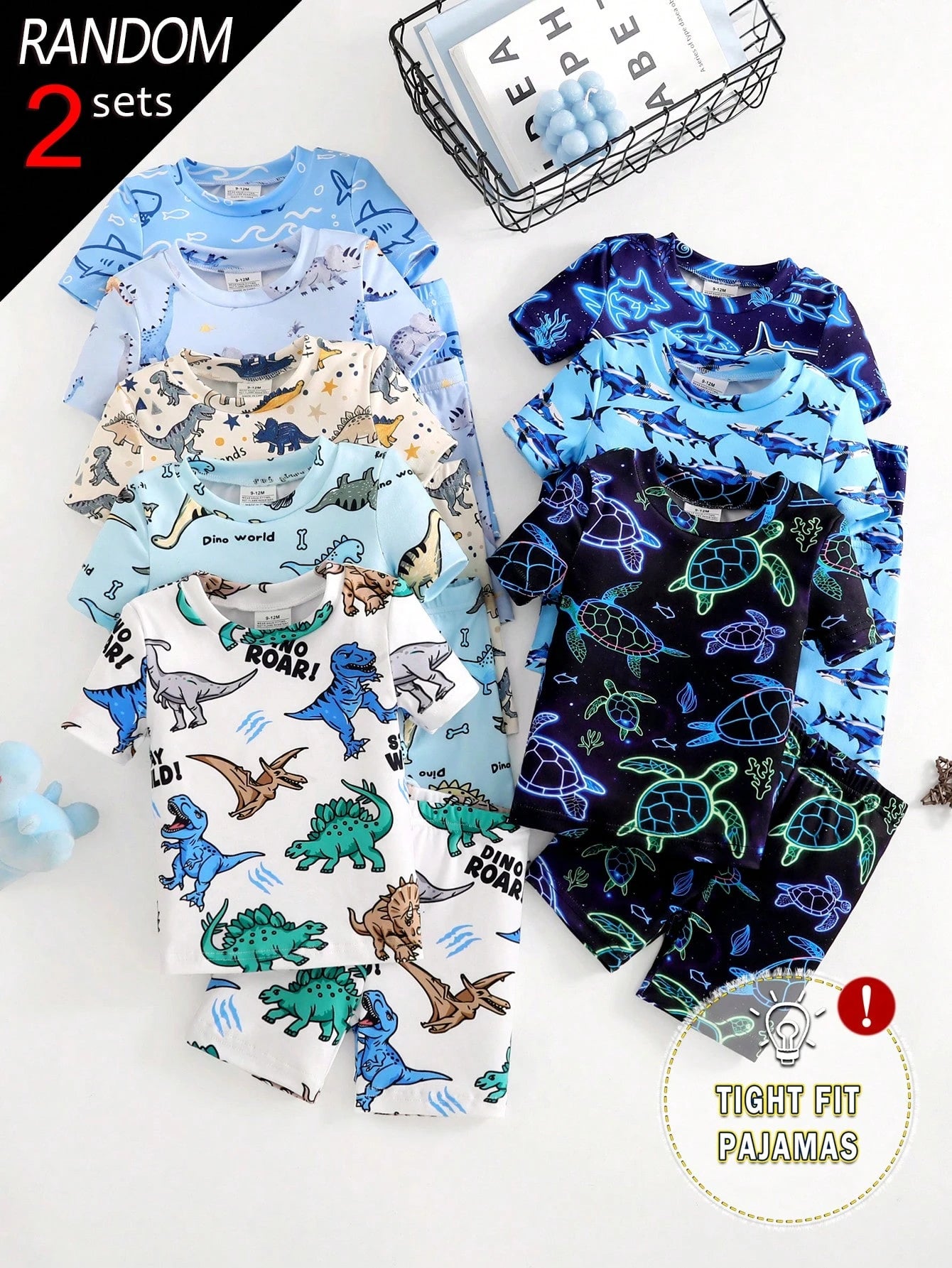 8 Sets Randomly Sent 2 Sets]Baby Boys Pajamas Cute Dinosaur Ocean Creature Dinosaur Print Short Sleeve Shorts Knit Comfortable Soft Snug Fit Pajama Homewear Set