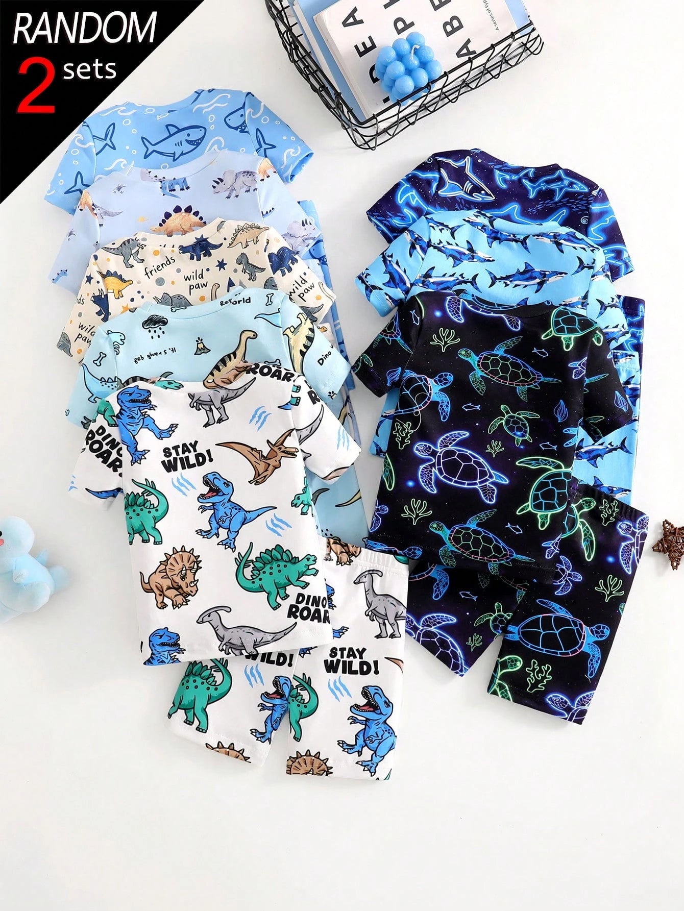 8 Sets Randomly Sent 2 Sets]Baby Boys Pajamas Cute Dinosaur Ocean Creature Dinosaur Print Short Sleeve Shorts Knit Comfortable Soft Snug Fit Pajama Homewear Set