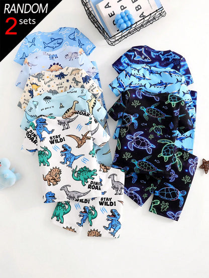 8 Sets Randomly Sent 2 Sets]Baby Boys Pajamas Cute Dinosaur Ocean Creature Dinosaur Print Short Sleeve Shorts Knit Comfortable Soft Snug Fit Pajama Homewear Set