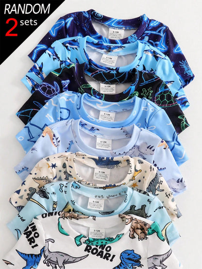 8 Sets Randomly Sent 2 Sets]Baby Boys Pajamas Cute Dinosaur Ocean Creature Dinosaur Print Short Sleeve Shorts Knit Comfortable Soft Snug Fit Pajama Homewear Set