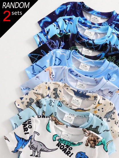 8 Sets Randomly Sent 2 Sets]Baby Boys Pajamas Cute Dinosaur Ocean Creature Dinosaur Print Short Sleeve Shorts Knit Comfortable Soft Snug Fit Pajama Homewear Set