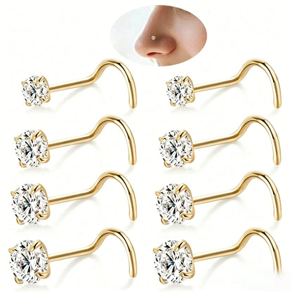 8pcs 316L Stainless Steel Hypoallergenic Nose Studs, Cork Screw Nose Rings For Women, Cubic Zirconia Faux Diamond Top, Size 1.5mm 2mm 2.5mm 3mm