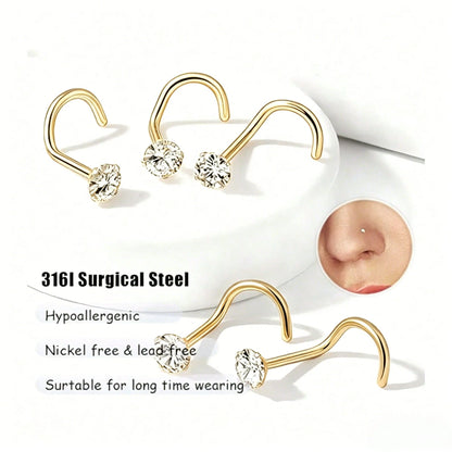 8pcs 316L Stainless Steel Hypoallergenic Nose Studs, Cork Screw Nose Rings For Women, Cubic Zirconia Faux Diamond Top, Size 1.5mm 2mm 2.5mm 3mm