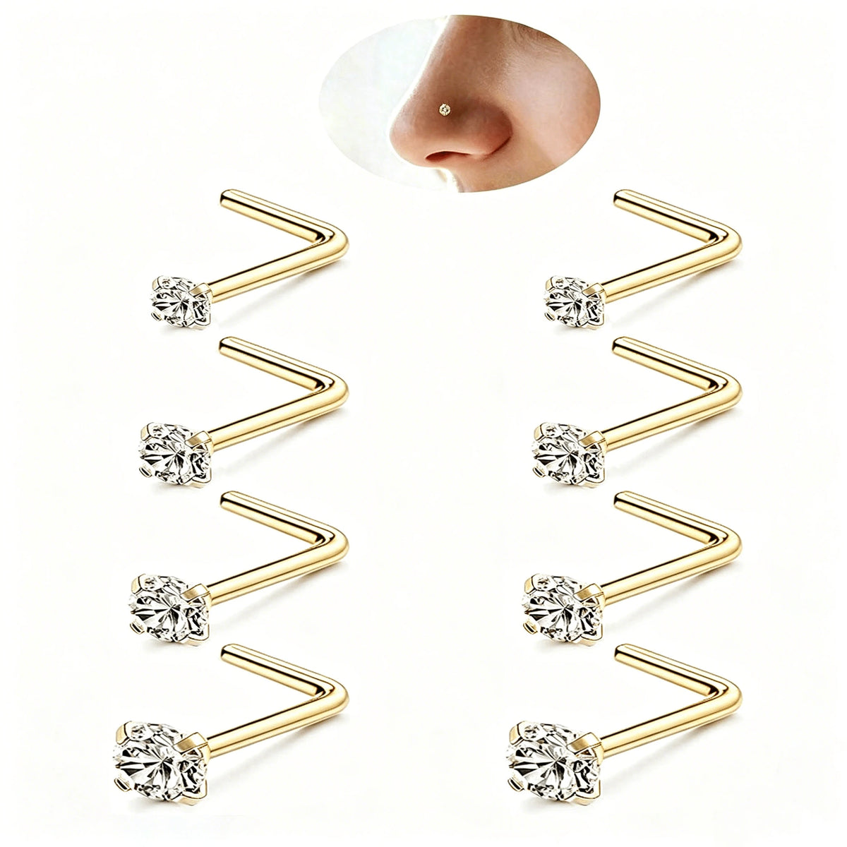 8pcs 316L Stainless Steel Hypoallergenic Nose Studs, Cork Screw Nose Rings For Women, Cubic Zirconia Faux Diamond Top, Size 1.5mm 2mm 2.5mm 3mm