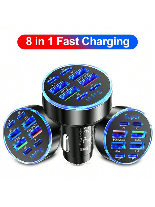 8Ports Universal Super Fast Charging Conversion Plug Multifunctional Mobile Phone Car Charger 4 USB 4 PD Car Charger For IPhone 15 Pro Max 14 Plus 13 12 11