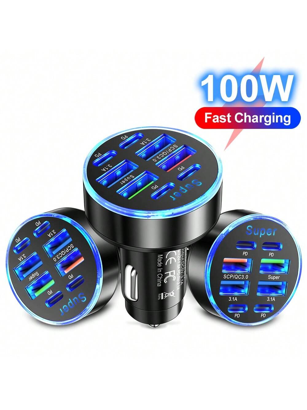 8Ports Universal Super Fast Charging Conversion Plug Multifunctional Mobile Phone Car Charger 4 USB 4 PD Car Charger For IPhone 15 Pro Max 14 Plus 13 12 11